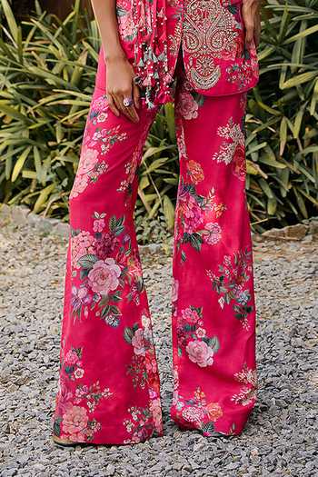 Buy_Ridhi Mehra_Fuchsia Silk Bandeau Neck Bloom Print Raw Tube Jacket And Pant Set _Online_at_Aza_Fashions