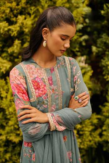 Ridhi Mehra Green Georgette, Net Round Neck Arden Floral Print Kurta Set Online at Aza Fashions Ridhi Mehra_Green Georgette, Net Round Neck Arden Floral Print Kurta Set _Online_at_Aza_Fashions