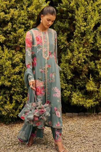 Buy Ridhi Mehra Green Georgette, Net Round Neck Arden Floral Print Kurta Set Online at Aza Fashions Buy_Ridhi Mehra_Green Georgette, Net Round Neck Arden Floral Print Kurta Set _Online_at_Aza_Fashions