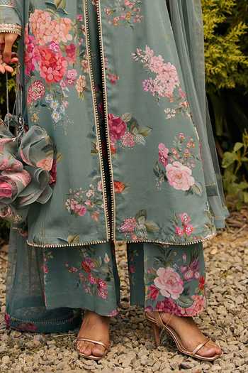 Shop Ridhi Mehra Green Georgette, Net Round Neck Arden Floral Print Kurta Set Online at Aza Fashions Shop_Ridhi Mehra_Green Georgette, Net Round Neck Arden Floral Print Kurta Set _Online_at_Aza_Fashions