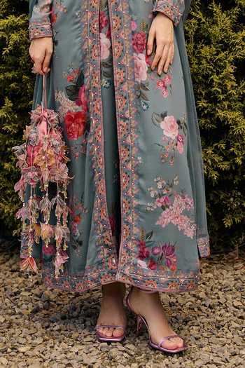 Ridhi Mehra Blue Georgette, Net V-neck, Yes Luna Floral Print Kurta Set Online at Aza Fashions Ridhi Mehra_Blue Georgette, Net V-neck, Yes Luna Floral Print Kurta Set _Online_at_Aza_Fashions