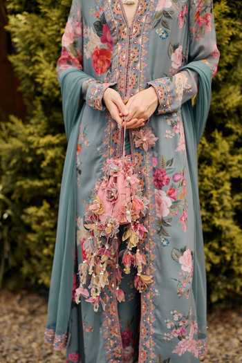 Buy Ridhi Mehra Blue Georgette, Net V-neck, Yes Luna Floral Print Kurta Set Online at Aza Fashions Buy_Ridhi Mehra_Blue Georgette, Net V-neck, Yes Luna Floral Print Kurta Set _Online_at_Aza_Fashions