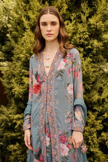 Shop Ridhi Mehra Blue Georgette, Net V-neck, Yes Luna Floral Print Kurta Set Online at Aza Fashions Shop_Ridhi Mehra_Blue Georgette, Net V-neck, Yes Luna Floral Print Kurta Set _Online_at_Aza_Fashions