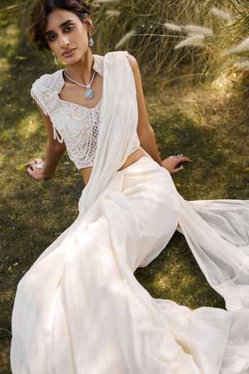 Ridhi Mehra_Ivory Organza, Chiffon, Net The Eternal Pre-draped Saree With Embroidered Blouse _Online_at_Aza_Fashions