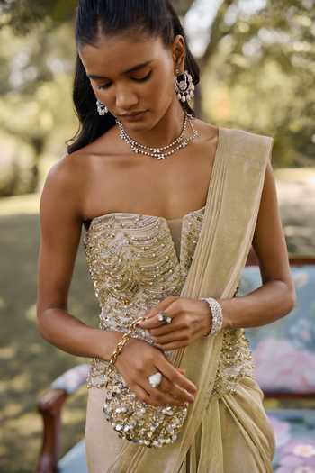 Ridhi Mehra Gold Tissue, Net Embroidery Sweetheart The Era Pre-draped Saree With Corset Online at Aza Fashions Ridhi Mehra_Gold Tissue, Net Embroidery Sweetheart The Era Pre-draped Saree With Corset _Online_at_Aza_Fashions