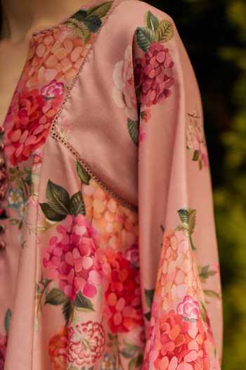 Ridhi Mehra_Pink Chanderi Split V-neck Floral Print Kurta And Dhoti Pant Set _Online_at_Aza_Fashions