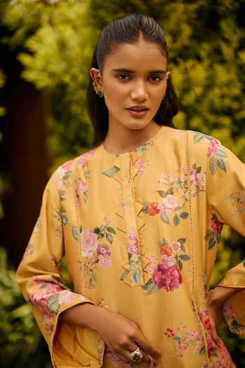 Ridhi Mehra Yellow Chanderi Round Neck Floral Print Kurta And Pant Set Online at Aza Fashions Ridhi Mehra_Yellow Chanderi Round Neck Floral Print Kurta And Pant Set _Online_at_Aza_Fashions