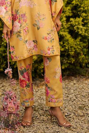 Buy Ridhi Mehra Yellow Chanderi Round Neck Floral Print Kurta And Pant Set Online at Aza Fashions Buy_Ridhi Mehra_Yellow Chanderi Round Neck Floral Print Kurta And Pant Set _Online_at_Aza_Fashions
