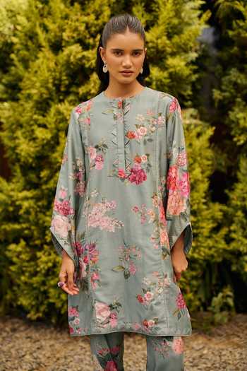 Buy_Ridhi Mehra_Green Chanderi Round Neck, Yes Sage Floral Print Kurta With Pant _Online_at_Aza_Fashions