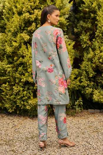Ridhi Mehra Sage Green Floral Print Kurta With Pant 