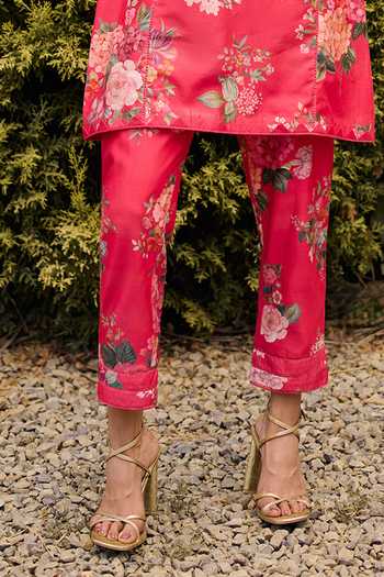 Ridhi Mehra_Pink Chanderi Floral Print Kurta And Pant Set _Online_at_Aza_Fashions
