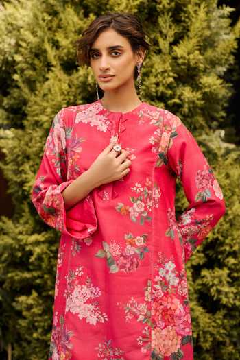 Buy_Ridhi Mehra_Pink Chanderi Floral Print Kurta And Pant Set _Online_at_Aza_Fashions
