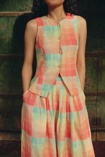 Shop Nirvanaa Multi Color Linen Azul Checkered Print Vest Online at Aza Fashions Shop Nirvanaa_Multi Color Linen Azul Checkered Print Vest _Online_at_Aza_Fashions