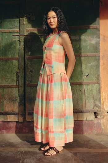 Buy Shop Nirvanaa Multi Color Linen Azul Checkered Print Vest Online at Aza Fashions Buy_Shop Nirvanaa_Multi Color Linen Azul Checkered Print Vest _Online_at_Aza_Fashions