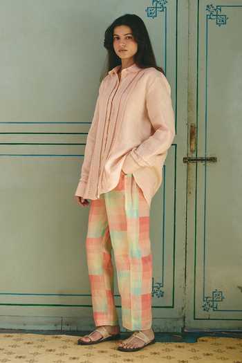 Shop Nirvanaa_Peach Linen Button-down Neck Eli Pintuck Shirt _Online_at_Aza_Fashions