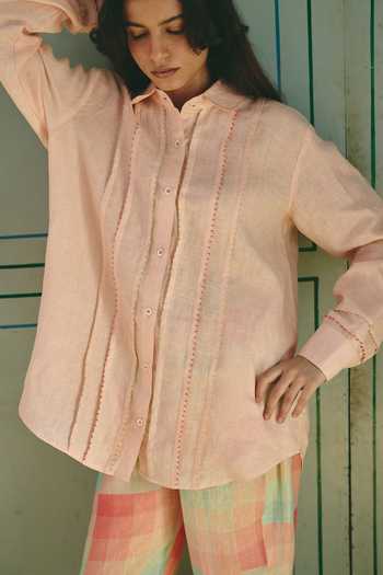 Buy_Shop Nirvanaa_Peach Linen Button-down Neck Eli Pintuck Shirt _Online_at_Aza_Fashions