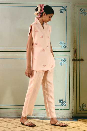 Buy Shop Nirvanaa Peach Linen Open Neck Demi Cross Embroidered Vest And Pant Set Online at Aza Fashions Buy_Shop Nirvanaa_Peach Linen Open Neck Demi Cross Embroidered Vest And Pant Set _Online_at_Aza_Fashions
