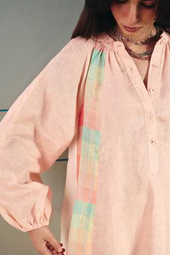 Shop Nirvanaa Peach Linen Round Neck Aira Full Sleeves Panelled Dress Online at Aza Fashions Shop Nirvanaa_Peach Linen Round Neck Aira Full Sleeves Panelled Dress _Online_at_Aza_Fashions