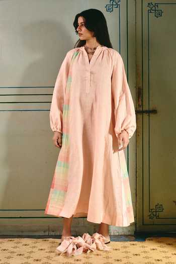 Buy Shop Nirvanaa Peach Linen Round Neck Aira Full Sleeves Panelled Dress Online at Aza Fashions Buy_Shop Nirvanaa_Peach Linen Round Neck Aira Full Sleeves Panelled Dress _Online_at_Aza_Fashions