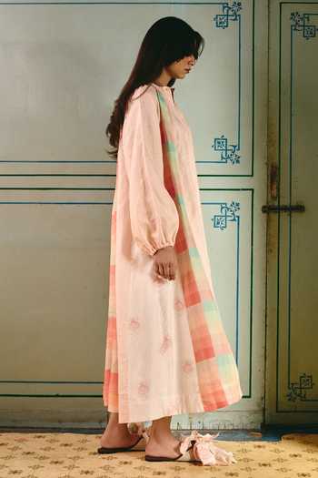 Shop Shop Nirvanaa Peach Linen Round Neck Aira Full Sleeves Panelled Dress Online at Aza Fashions Shop_Shop Nirvanaa_Peach Linen Round Neck Aira Full Sleeves Panelled Dress _Online_at_Aza_Fashions