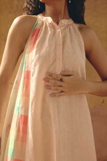 Buy_Shop Nirvanaa_Peach Linen Halter Neck Aira Panelled Dress _Online_at_Aza_Fashions