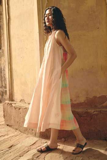Shop_Shop Nirvanaa_Peach Linen Halter Neck Aira Panelled Dress _Online_at_Aza_Fashions