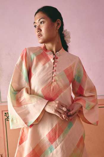 Shop Nirvanaa_Peach Cotton, Linen Mandarin Collar Camila Checkered Short Dress _Online_at_Aza_Fashions