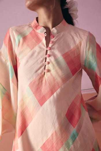Buy_Shop Nirvanaa_Peach Cotton, Linen Mandarin Collar Camila Checkered Short Dress _Online_at_Aza_Fashions