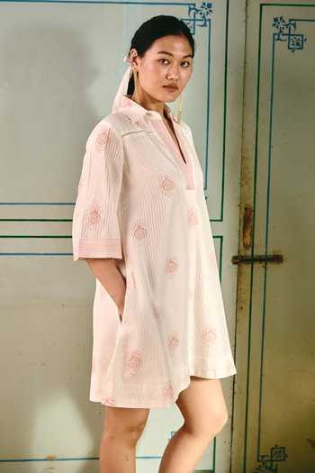 Buy_Shop Nirvanaa_Ivory Cotton, Chanderi Collared Neck Ira Block Print Dress _Online_at_Aza_Fashions