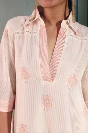 Shop Nirvanaa_Ivory Cotton, Chanderi Collared Neck Ira Block Print Dress _at_Aza_Fashions