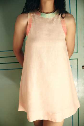 Shop Nirvanaa_Peach Linen Round Neck Ana Short Dress _Online_at_Aza_Fashions