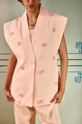 Shop Nirvanaa_Peach Linen Open Neck Cross Hand Embroidered Jacket _Online_at_Aza_Fashions