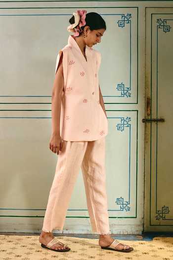 Buy_Shop Nirvanaa_Peach Linen Open Neck Cross Hand Embroidered Jacket _Online_at_Aza_Fashions