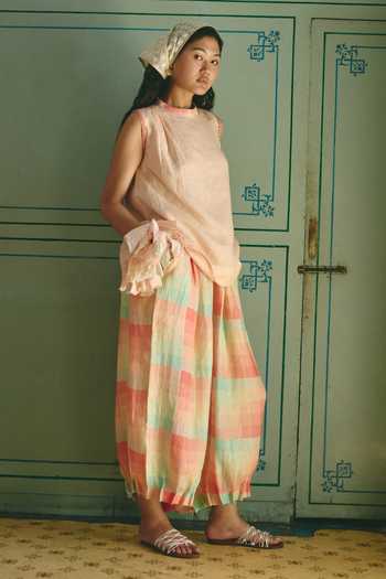 Shop Nirvanaa_Peach Linen Halter Neck Lauren Pleated Top _Online_at_Aza_Fashions