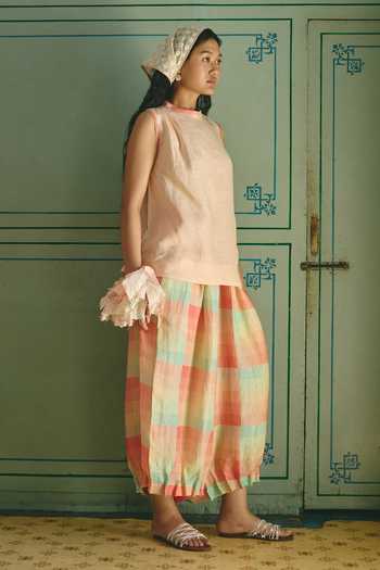 Buy_Shop Nirvanaa_Peach Linen Halter Neck Lauren Pleated Top _Online_at_Aza_Fashions