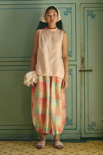 Shop_Shop Nirvanaa_Peach Linen Halter Neck Lauren Pleated Top _Online_at_Aza_Fashions