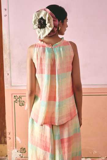 Shop Nirvanaa Multi Color Linen High Neck Zuri Lola Checkered Top With Pant Online at Aza Fashions Shop Nirvanaa_Multi Color Linen High Neck Zuri Lola Checkered Top With Pant _Online_at_Aza_Fashions