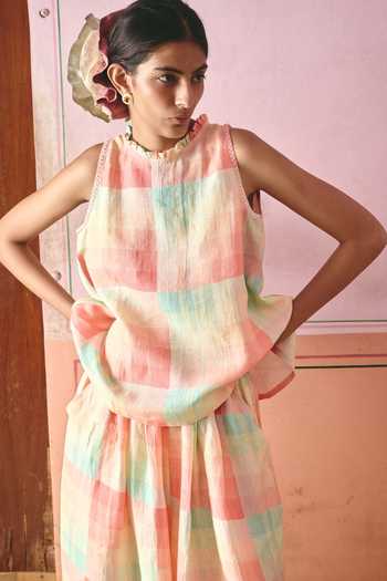 Buy Shop Nirvanaa Multi Color Linen High Neck Zuri Lola Checkered Top With Pant Online at Aza Fashions Buy_Shop Nirvanaa_Multi Color Linen High Neck Zuri Lola Checkered Top With Pant _Online_at_Aza_Fashions