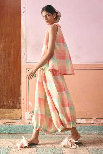 Shop Shop Nirvanaa Multi Color Linen High Neck Zuri Lola Checkered Top With Pant Online at Aza Fashions Shop_Shop Nirvanaa_Multi Color Linen High Neck Zuri Lola Checkered Top With Pant _Online_at_Aza_Fashions