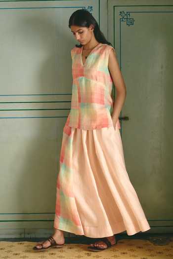 Shop Nirvanaa_Multi Color Linen V-neck Roseline Lace Work Top _Online_at_Aza_Fashions