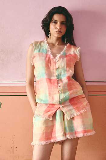 Shop Nirvanaa Multi Color Linen V-neck Mysa Fringe Vest And Shorts Set Online at Aza Fashions Shop Nirvanaa_Multi Color Linen V-neck Mysa Fringe Vest And Shorts Set _Online_at_Aza_Fashions