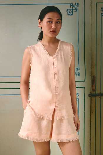Shop Nirvanaa Mysa Demi Fringe Linen Vest & Shorts Set 