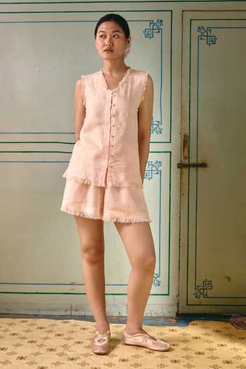 Shop Nirvanaa Mysa Demi Fringe Linen Vest & Shorts Set 