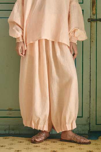 Shop Nirvanaa_Peach Linen V-neck Noor Lola Collared Top And Pant Set _Online_at_Aza_Fashions