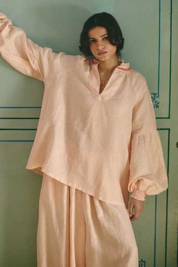 Buy_Shop Nirvanaa_Peach Linen V-neck Noor Lola Collared Top And Pant Set _Online_at_Aza_Fashions