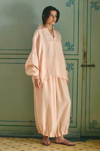 Shop_Shop Nirvanaa_Peach Linen V-neck Noor Lola Collared Top And Pant Set _Online_at_Aza_Fashions