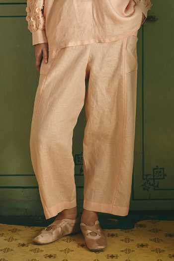 Shop Shop Nirvanaa Peach Linen Mandarin Collar Mira Top And Pant Set Online at Aza Fashions Shop_Shop Nirvanaa_Peach Linen Mandarin Collar Mira Top And Pant Set _Online_at_Aza_Fashions
