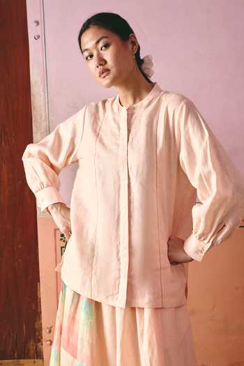 Shop Nirvanaa Peach Linen Mandarin Collar Nina Shirt And Skirt Set Online at Aza Fashions Shop Nirvanaa_Peach Linen Mandarin Collar Nina Shirt And Skirt Set _Online_at_Aza_Fashions