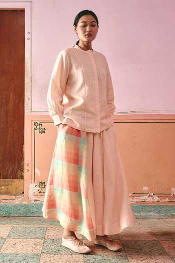 Buy Shop Nirvanaa Peach Linen Mandarin Collar Nina Shirt And Skirt Set Online at Aza Fashions Buy_Shop Nirvanaa_Peach Linen Mandarin Collar Nina Shirt And Skirt Set _Online_at_Aza_Fashions