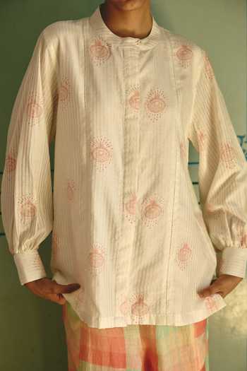 Buy_Shop Nirvanaa_Ivory Chanderi, Linen Mandarin Collar Nina Print Top And Salwar Set _Online_at_Aza_Fashions